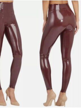 SPANX Faux Leather Shiny LEGGINGS Ruby Burgundy